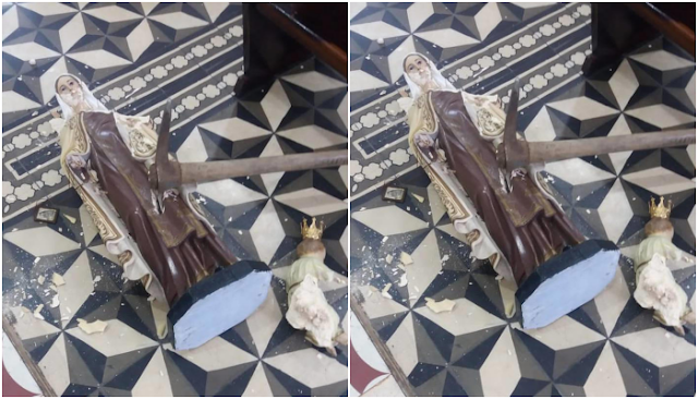 ​Imagem de Nossa Senhora é atacada com picareta em igreja